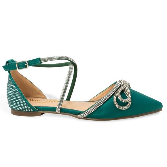 Chase + Chloe Shoes - Women’s Rhinestone Embellished Pointed Toe Ballet Flats with Ankle Straps